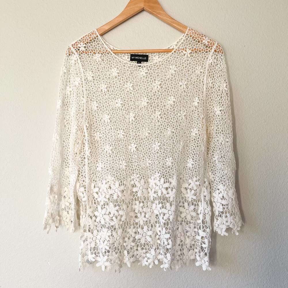 My Michelle White Floral Lace Knit Top Size L